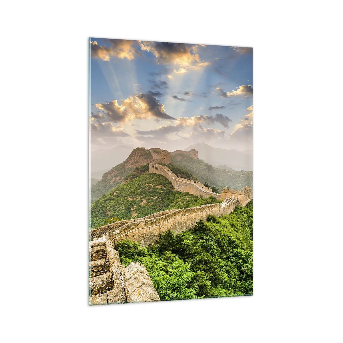 Quadro su vetro - La Grande Muraglia cinese illuminata dalla luce del sole in un paesaggio pittoresco - 70x100cm - La grandezza che non passa mai - Decorazione murale moderna per soggiorno e camera da letto ARTTOR