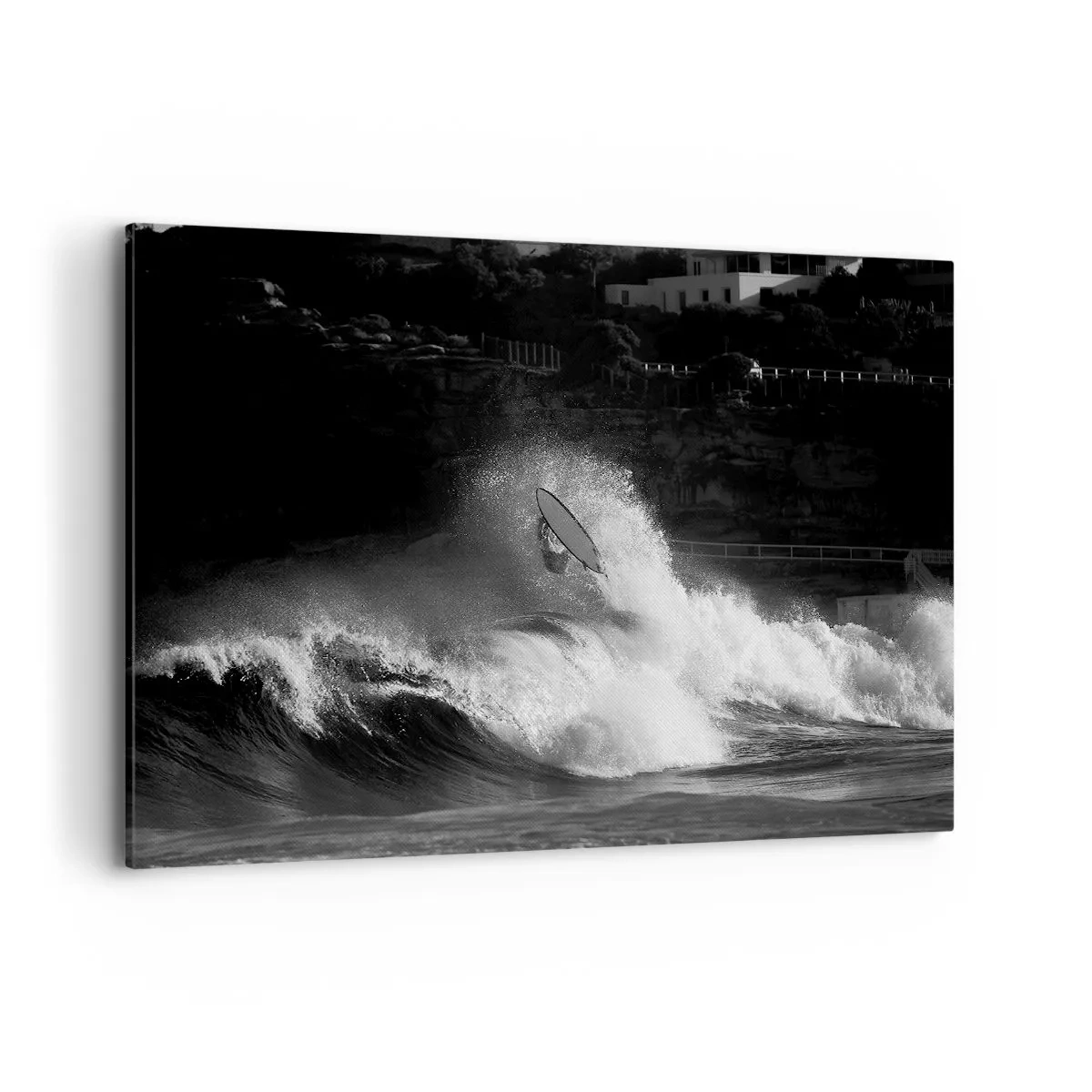 Quadro su tela - Stampe su Tela - Un surfista che cavalca un'onda in bianco e nero - 120x80cm - Sfida accettata! - Decorazione murale moderna per soggiorno e camera da letto ARTTOR