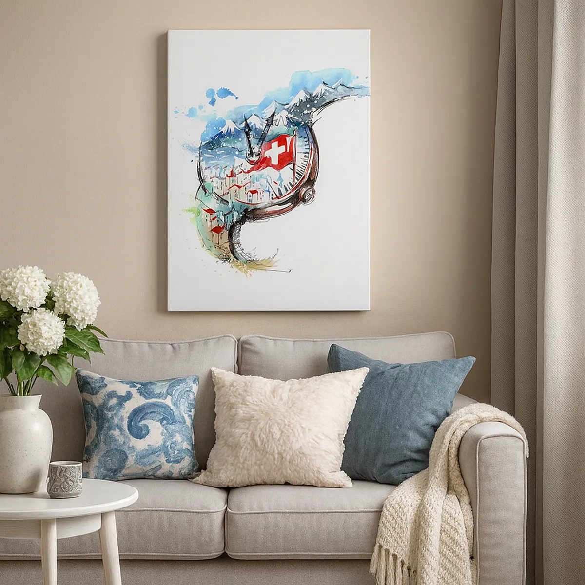 Quadro su tela - Stampe su Tela - Un paesaggio ad acquerello della Svizzera in un design a orologeria - 50x70cm - Lo spirito della Svizzera - Decorazione murale moderna per soggiorno e camera da letto ARTTOR