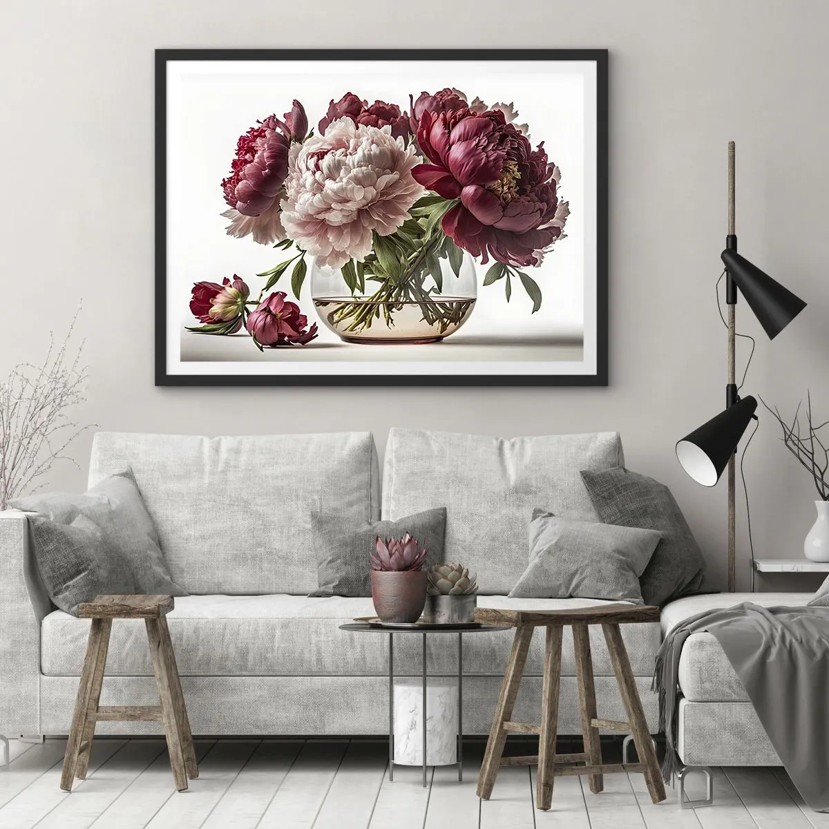 Poster in cornice nera - Un bouquet di peonie nei toni del rosa e del rosso - 100x70cm - Bellezza in piena fioritura - Decorazione murale moderna per soggiorno e camera da letto ARTTOR