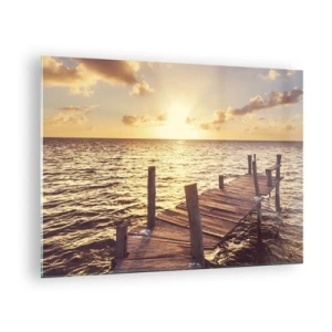 Quadro su vetro - Un molo di legno sullo sfondo del sole al tramonto - 70x50cm - Il paese dorato della mitezza - Decorazione murale moderna per soggiorno e camera da letto ARTTOR