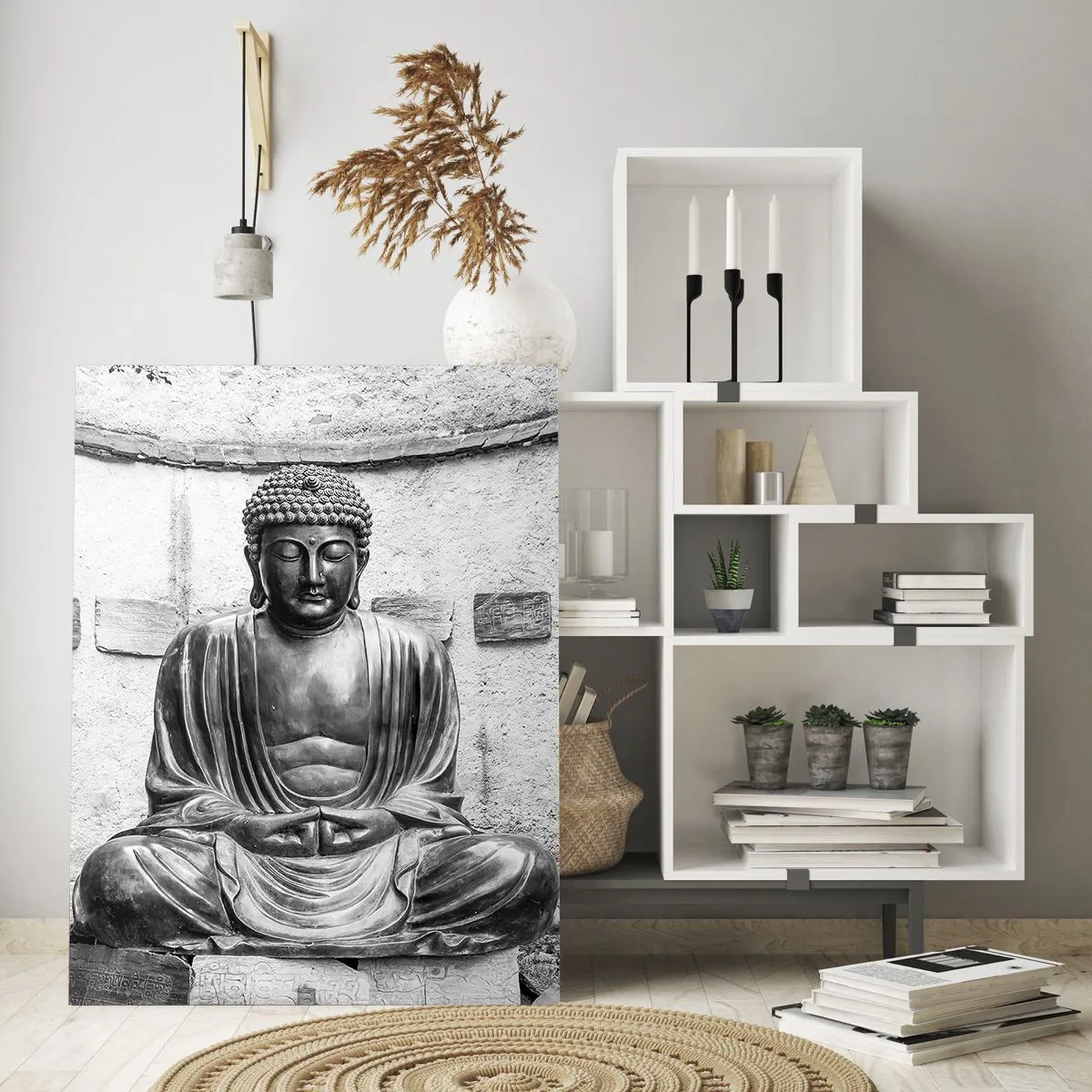 Quadro su vetro - Statua del Buddha in bianco e nero in posa meditativa - 80x120cm - Alla fonte della pace - Decorazione murale moderna per soggiorno e camera da letto ARTTOR