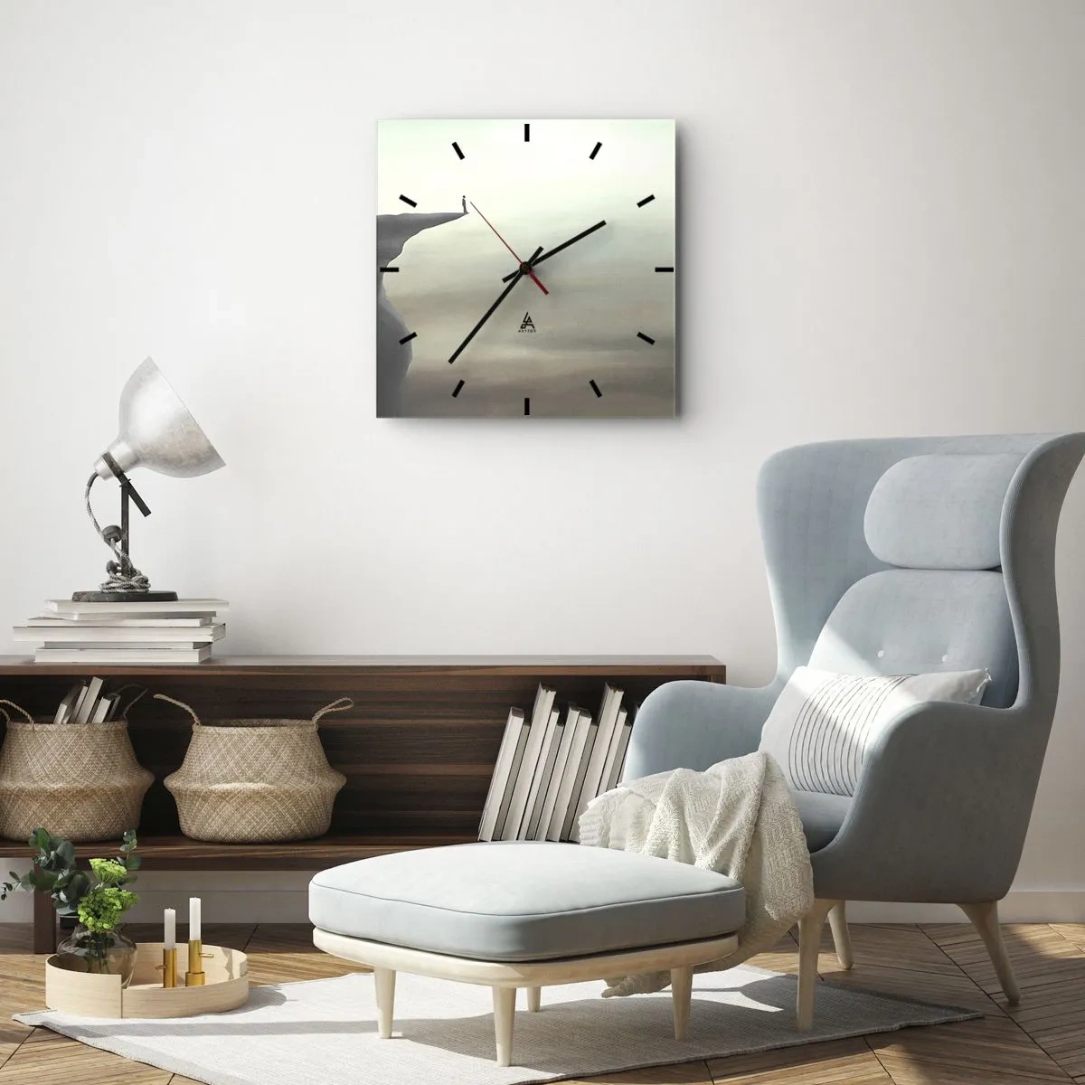 Orologio da parete - Orologio in Vetro - Sagoma di una figura sul bordo di una scogliera in un paesaggio nebbioso - 30x30cm - Certamente verso l'alto! - Decorazione murale moderna per soggiorno e camera da letto ARTTOR