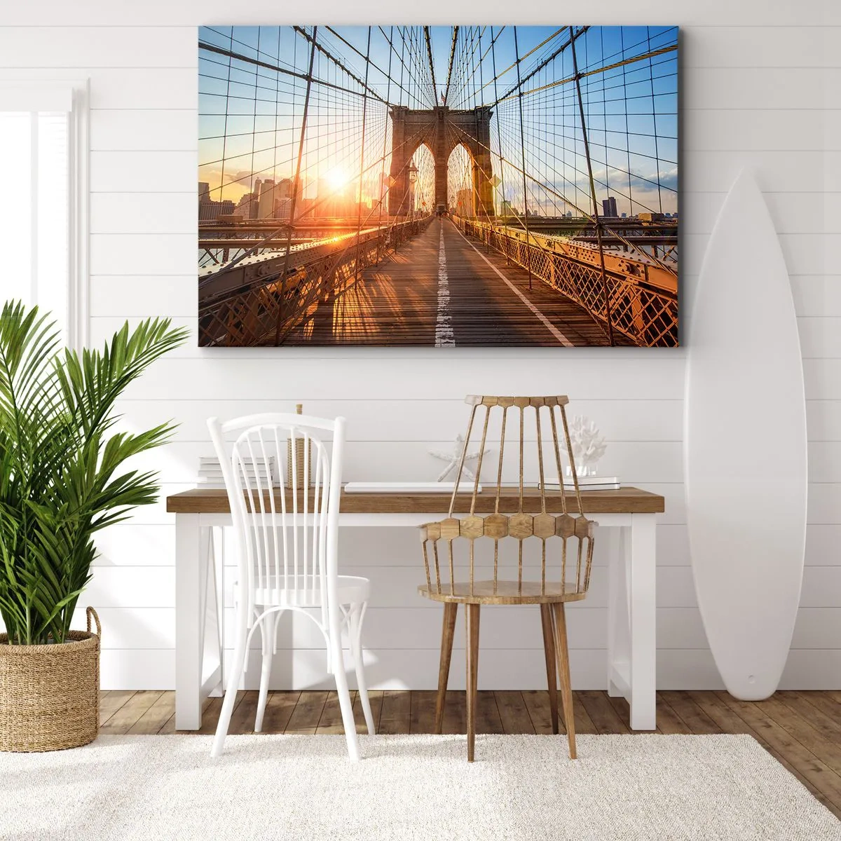 Quadro su tela - Stampe su Tela - Il ponte alla luce del tramonto con vista sulla città - 100x70cm - Sul ponte d'oro - Decorazione murale moderna per soggiorno e camera da letto ARTTOR