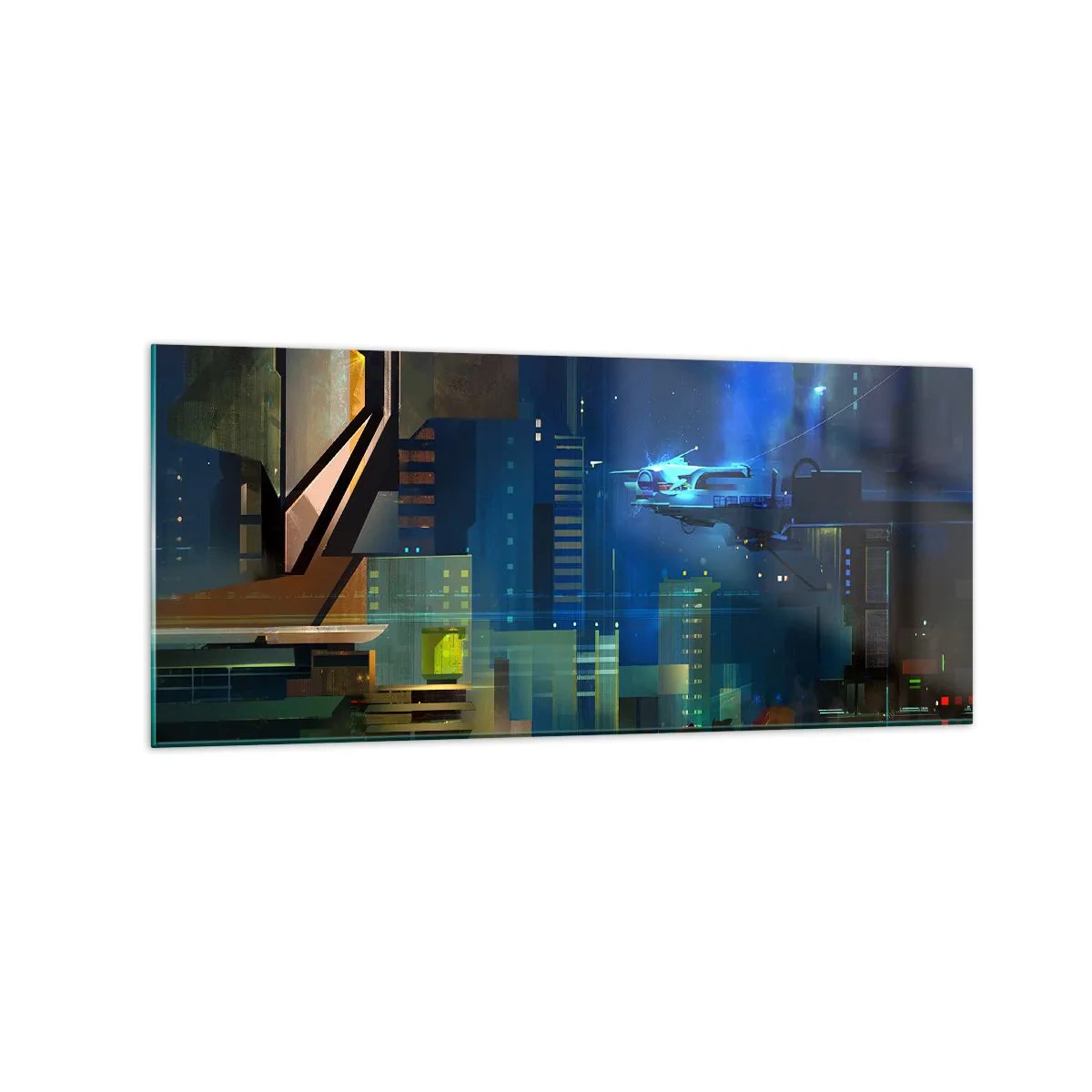 Quadro su vetro - Città futuristica di notte con luci al neon e un veicolo volante - 120x50cm - In un futuro non lontano - Decorazione murale moderna per soggiorno e camera da letto ARTTOR