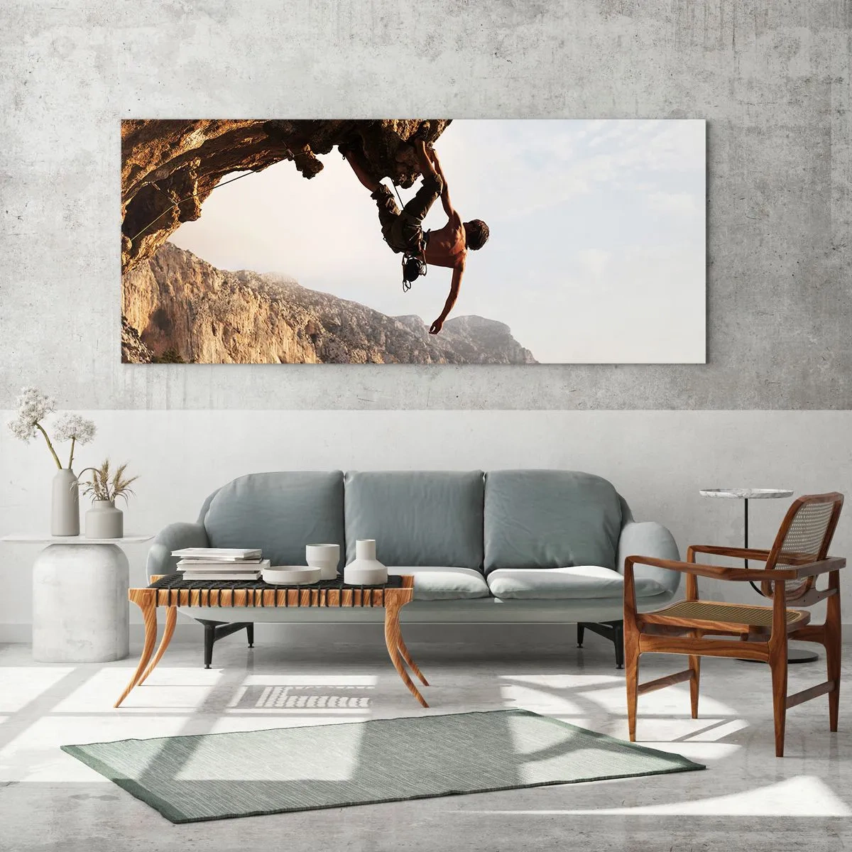 Quadro su vetro - Il mondo ristretto in una mano sul bordo del masso - 100x40 cm
