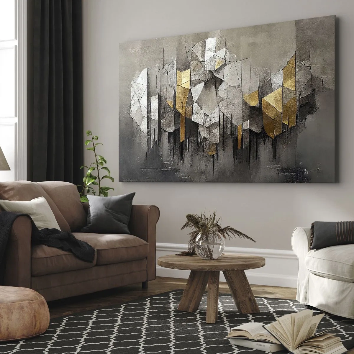 Quadro su tela - Stampe su Tela - Astrazione geometrica nei toni dell'oro e del grigio - 70x50cm - Composizione di ghiaccio e luce - Decorazione murale moderna per soggiorno e camera da letto ARTTOR