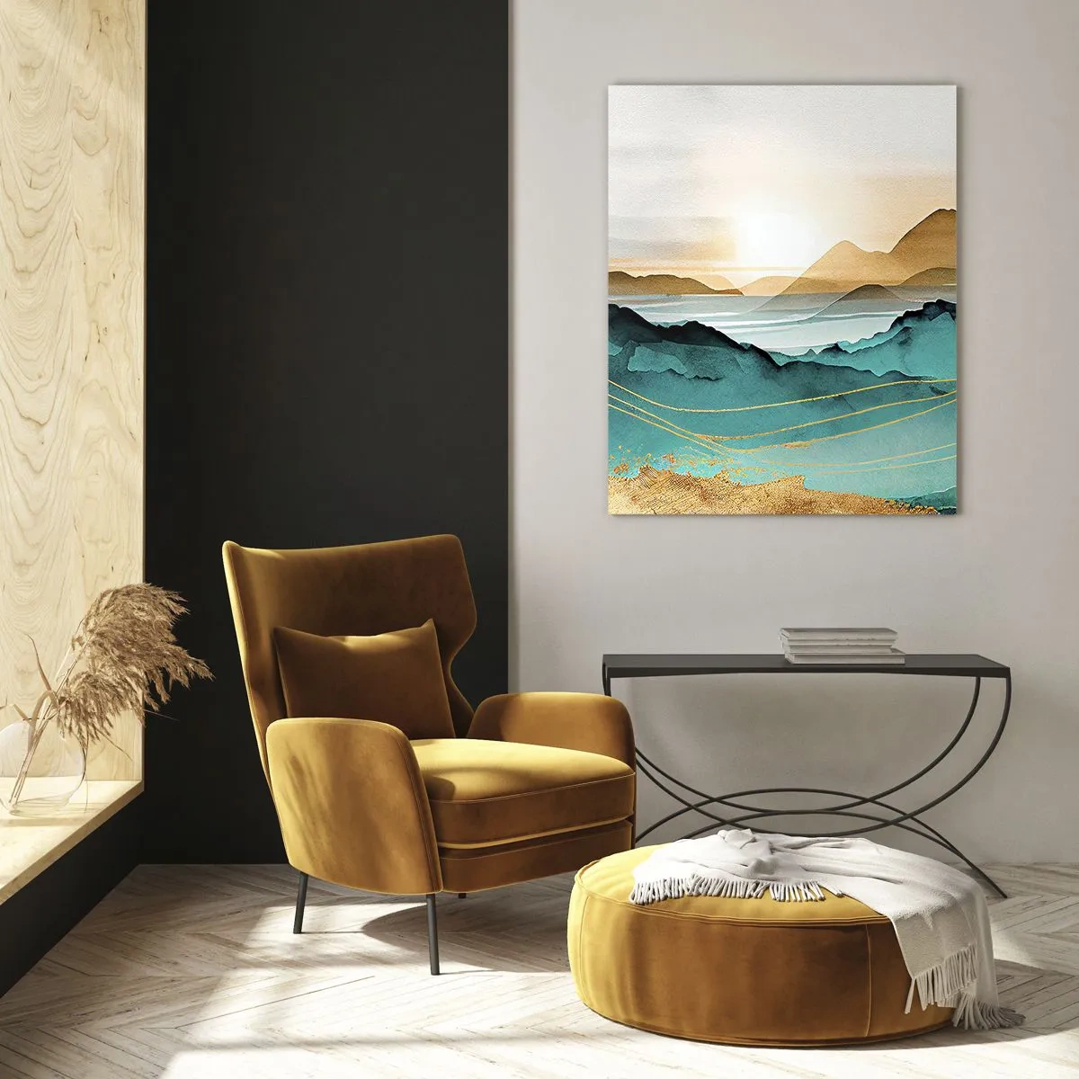 Quadro su vetro - Paesaggio astratto con montagne e accenti dorati - 70x100cm - Paesaggio ai confini dell'astrazione - Decorazione murale moderna per soggiorno e camera da letto ARTTOR