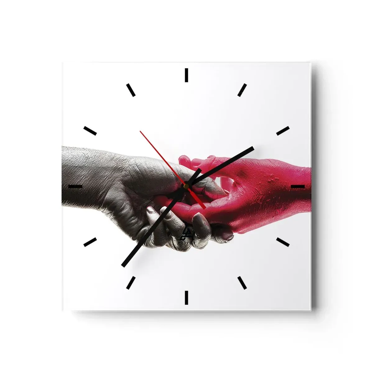 Orologio da parete - Orologio in Vetro - Mani simboliche in argento e rosso - 30x30cm - Insieme, sebbene diversi - Decorazione murale moderna per soggiorno e camera da letto ARTTOR