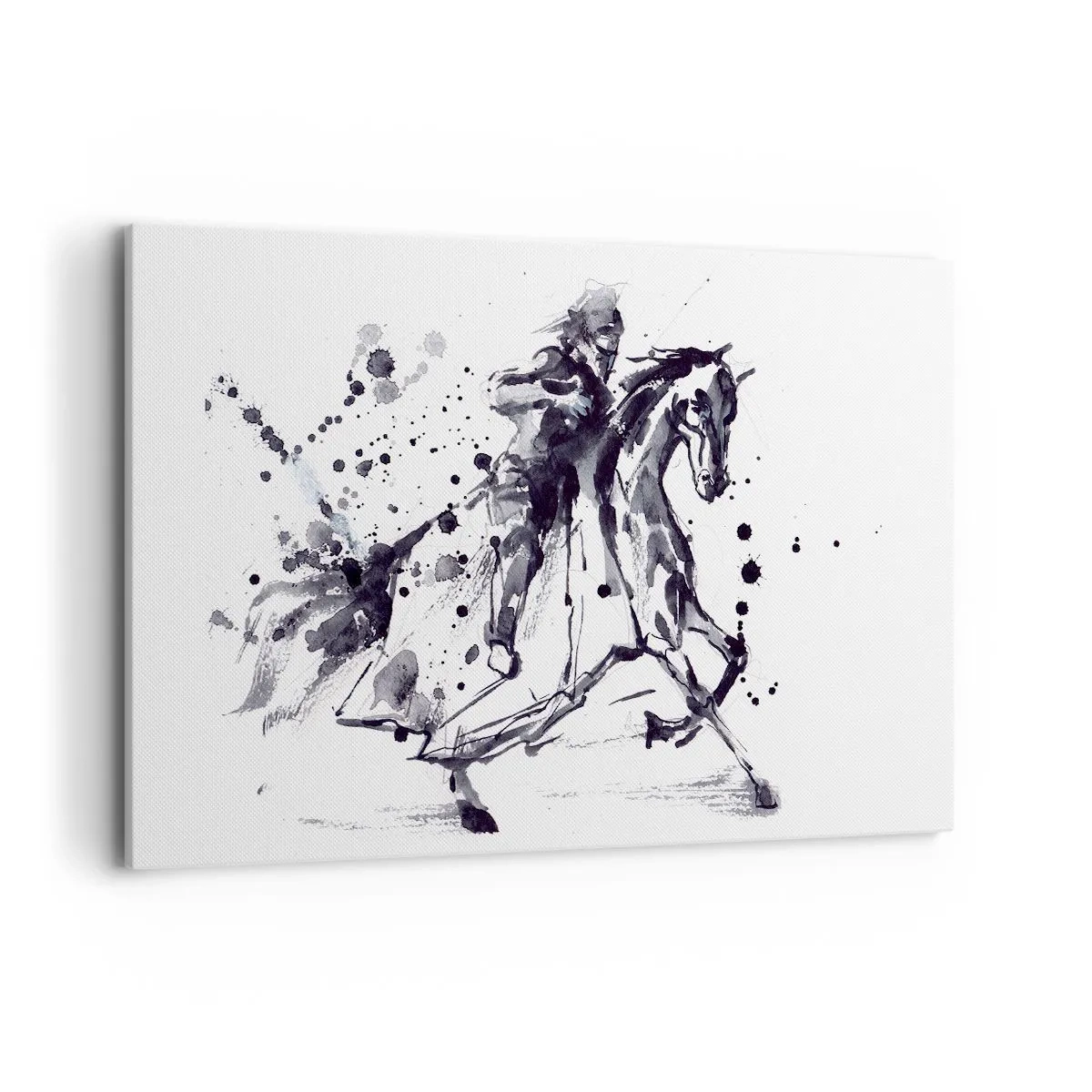 Quadro su tela - Stampe su Tela - Acquerello in bianco e nero di un cavaliere su un cavallo al galoppo - 120x80cm - Il cavaliere nero - Decorazione murale moderna per soggiorno e camera da letto ARTTOR