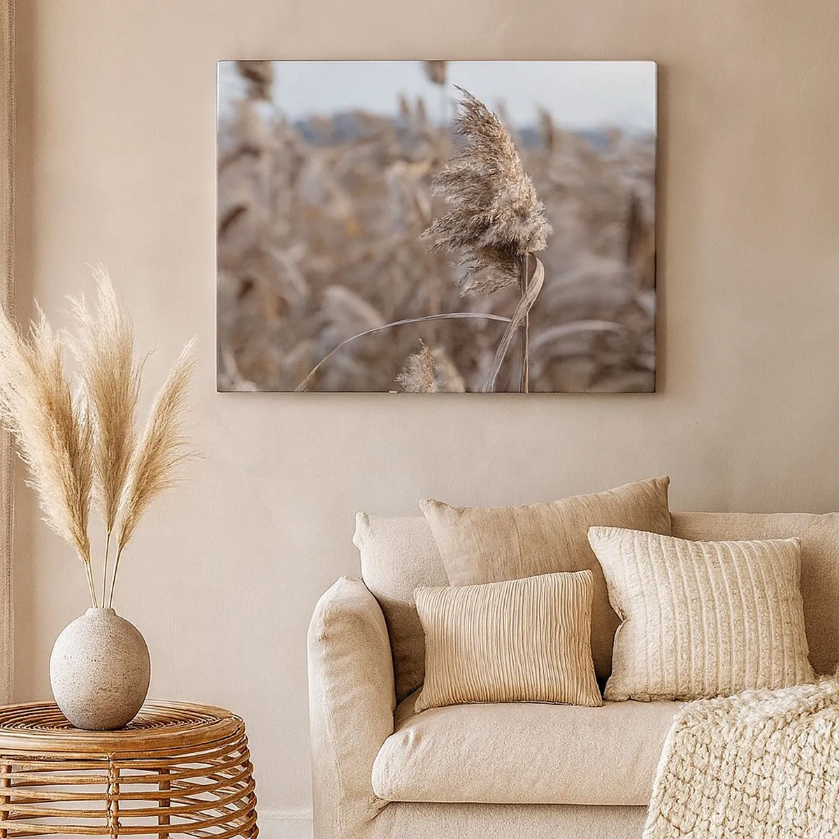 Quadro su tela - Stampe su Tela - Delicate erbe nelle tonalità del beige sullo sfondo della natura - 70x50cm - è tempo di volare col vento - Decorazione murale moderna per soggiorno e camera da letto ARTTOR