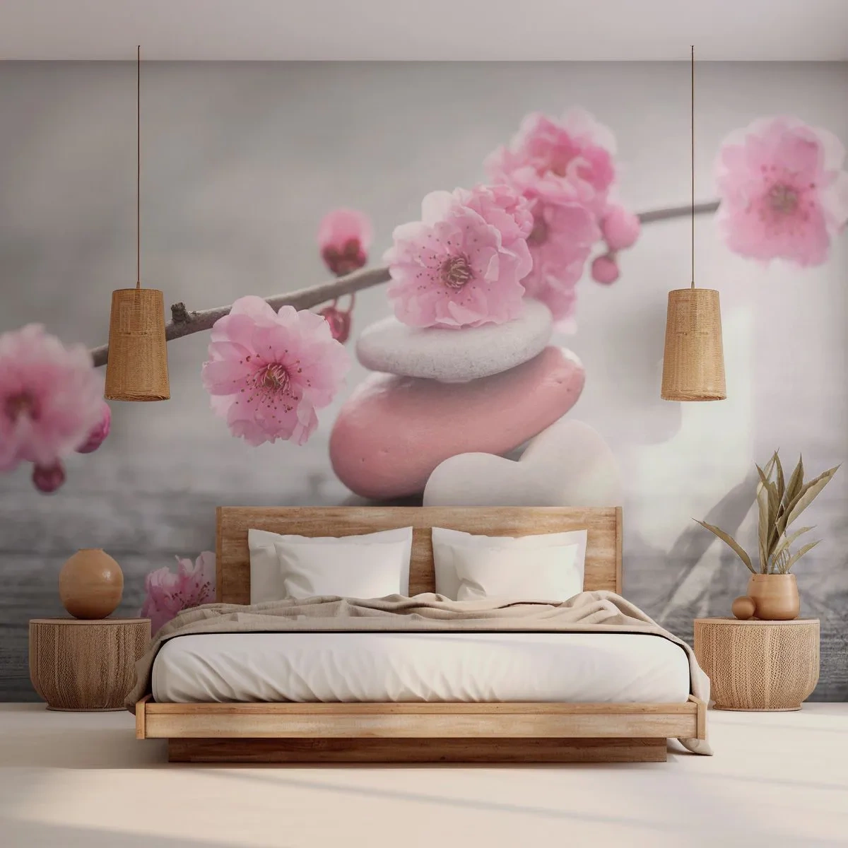 Fotomurali Standard Eco - Serenità con fiori di ciliegio - Cuore, Fiore, Pietre - 200x140 cm