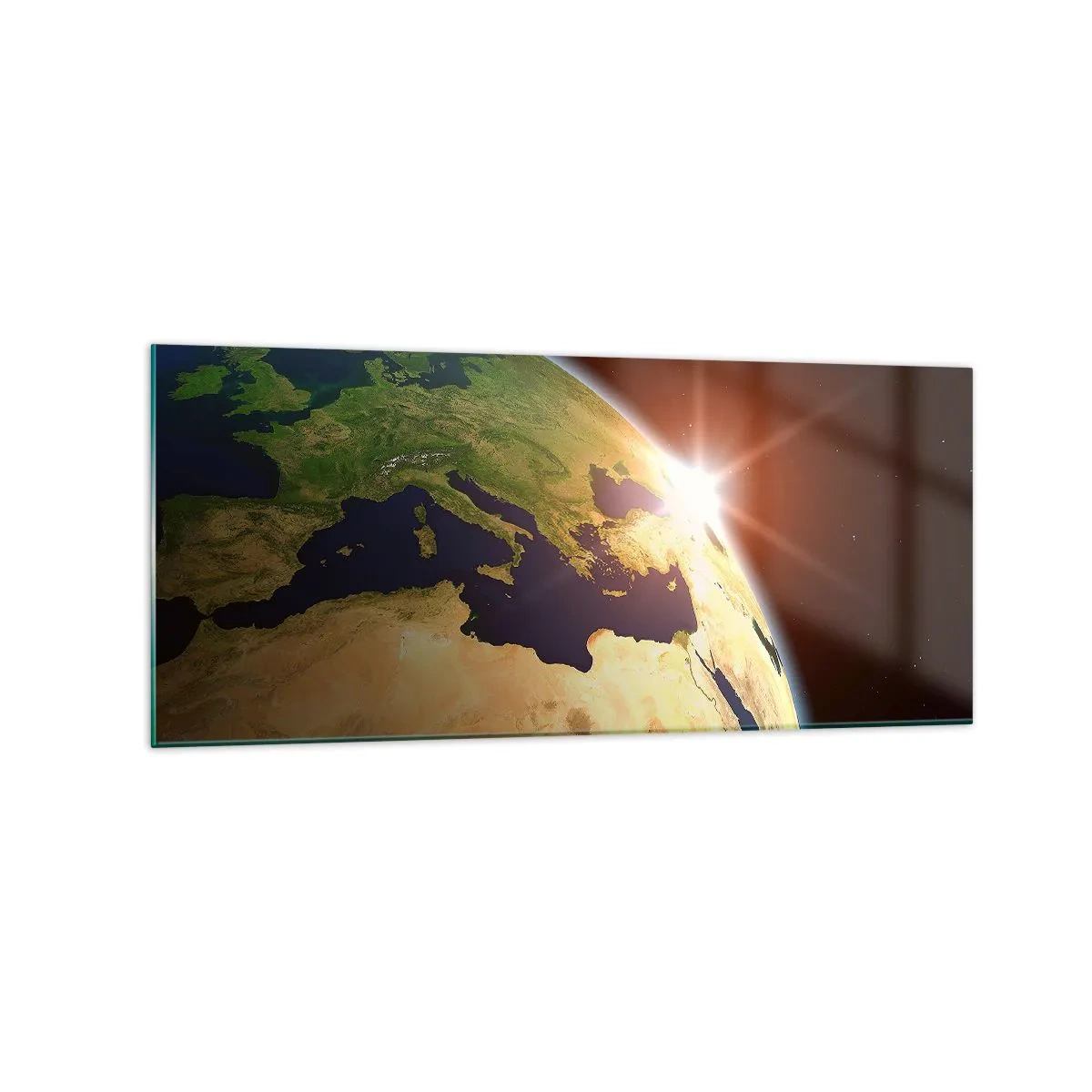 Quadro su vetro - Vista della Terra dallo spazio con i raggi del sole all'orizzonte - 120x50cm - Il sorgere del sole - Decorazione murale moderna per soggiorno e camera da letto ARTTOR
