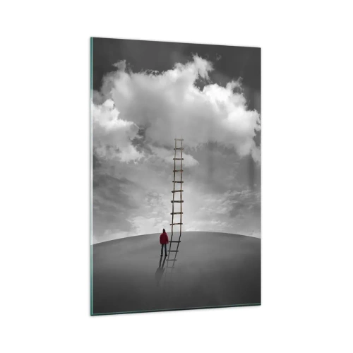 Quadro su vetro - Una persona con un cappotto rosso e una scala che porta a una nuvola - 80x120cm - Tutto è possibile - Decorazione murale moderna per soggiorno e camera da letto ARTTOR