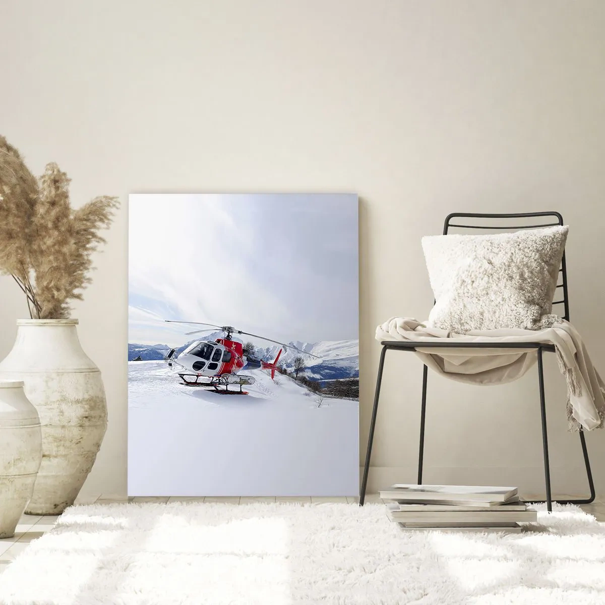 Quadro su vetro - Un elicottero rosso in uno scenario montano invernale - 50x70cm - Sempre pronto - Decorazione murale moderna per soggiorno e camera da letto ARTTOR