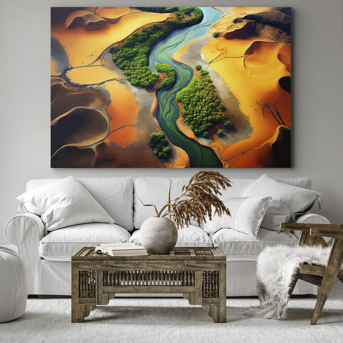 Quadro su tela - Stampe su Tela - Un fiume verde circondato da sabbie dorate e vegetazione - 70x50cm - Il fiume della vita - Decorazione murale moderna per soggiorno e camera da letto ARTTOR