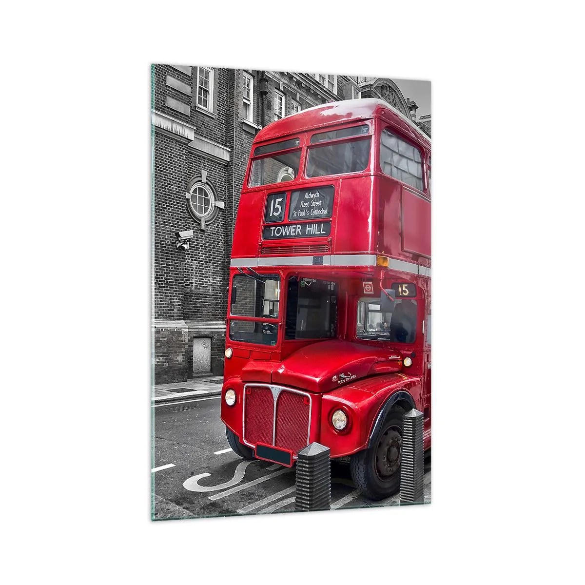 Quadro su vetro - Un autobus rosso a due piani a Londra sullo sfondo di un'architettura classica - 70x100cm - Sempre lo stesso - Decorazione murale moderna per soggiorno e camera da letto ARTTOR