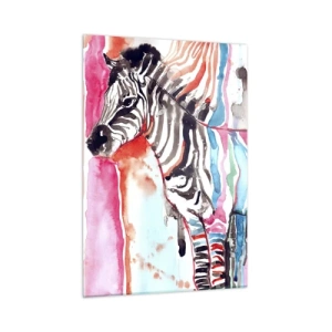 Quadro su vetro - Zebra colorata in stile acquerello - 50x70cm - Uno scherzo spensierato della natura - Decorazione murale moderna per soggiorno e camera da letto ARTTOR