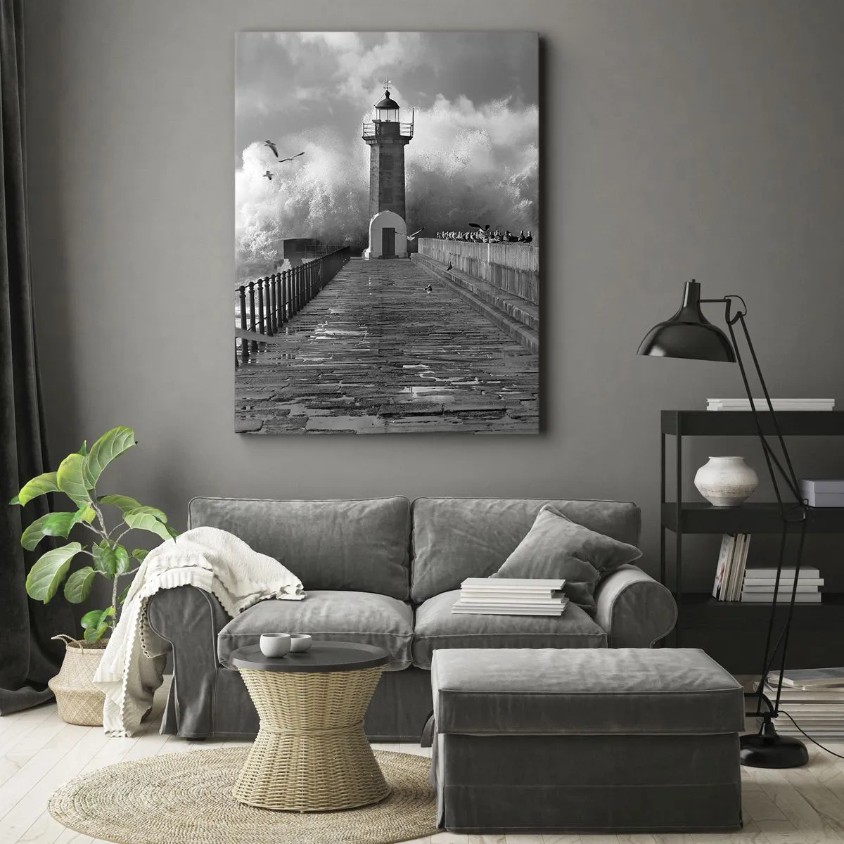 Quadro su tela - Stampe su Tela - Un faro circondato dalle onde durante una tempesta - 80x120cm - Senza paura - Decorazione murale moderna per soggiorno e camera da letto ARTTOR