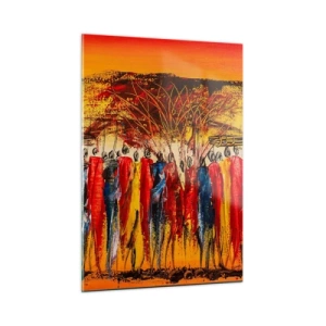 Quadro su vetro - Una scena colorata con persone in costumi tradizionali africani - 50x70cm - Al suono dei tam tam - Decorazione murale moderna per soggiorno e camera da letto ARTTOR