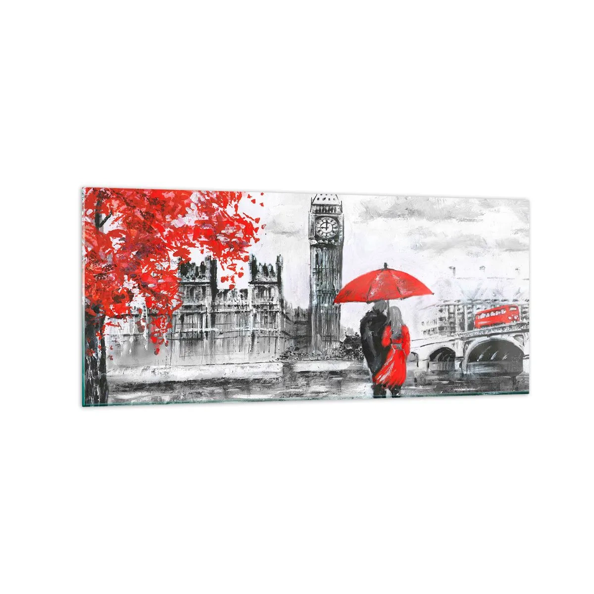 Quadro su vetro - Scena romantica con il Big Ben e un ombrello rosso - 120x50cm - Innamorati a Londra - Decorazione murale moderna per soggiorno e camera da letto ARTTOR