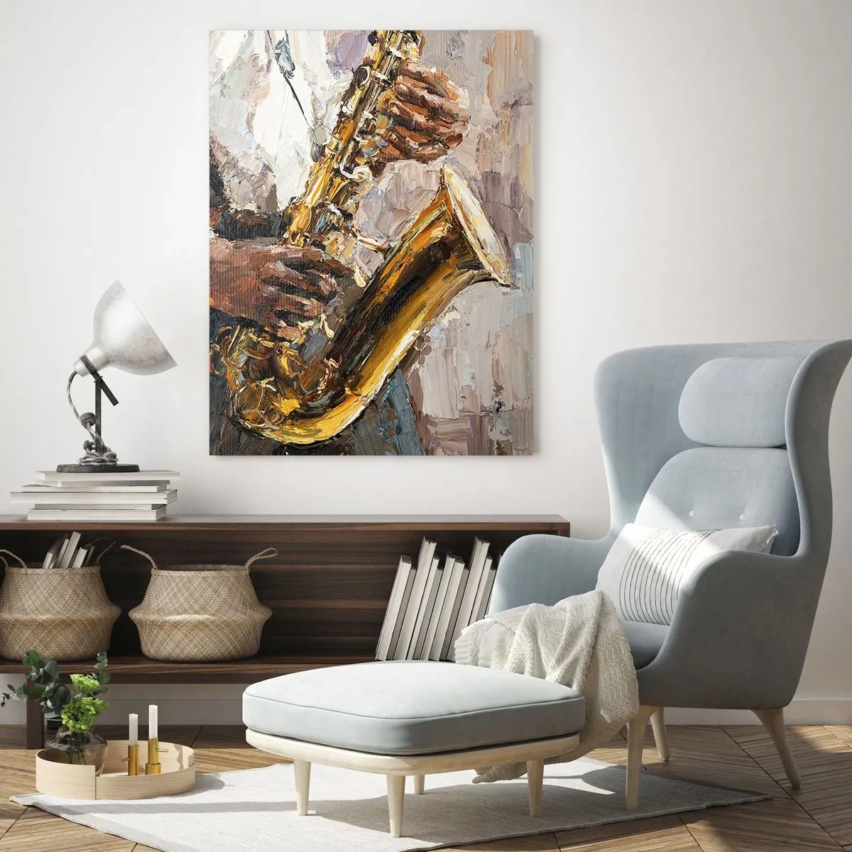 Quadro su vetro - Un musicista che suona il sassofono dipinto utilizzando la tecnica dell'impasto - 50x70cm - Tempo di assolo - Decorazione murale moderna per soggiorno e camera da letto ARTTOR