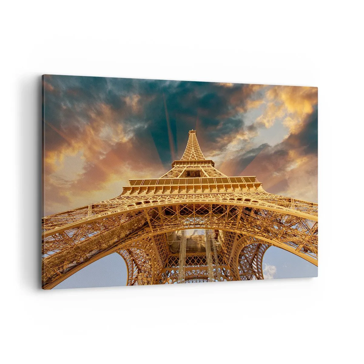 Quadro su tela - Stampe su Tela - La Torre Eiffel dal basso sullo sfondo del sole al tramonto - 100x70cm - Come gli uomini hanno raggiunto il cielo - Decorazione murale moderna per soggiorno e camera da letto ARTTOR