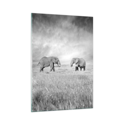Quadro su vetro - Due elefanti nella savana nei toni del bianco e del nero - 50x70cm - Grigio è bello - Decorazione murale moderna per soggiorno e camera da letto ARTTOR