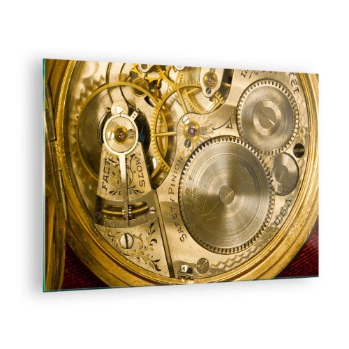 Quadro su vetro - Meccanismo dell'orologio in finitura oro - 70x50cm - Stare al passo coi tempi - Decorazione murale moderna per soggiorno e camera da letto ARTTOR