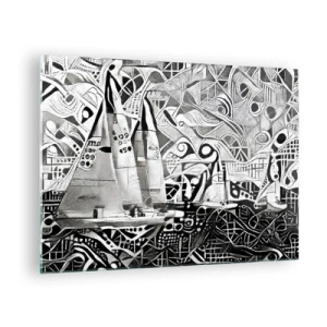 Quadro su vetro - Astrazione in bianco e nero con barche a vela e motivi geometrici - 70x50cm - Tra le onde - Decorazione murale moderna per soggiorno e camera da letto ARTTOR