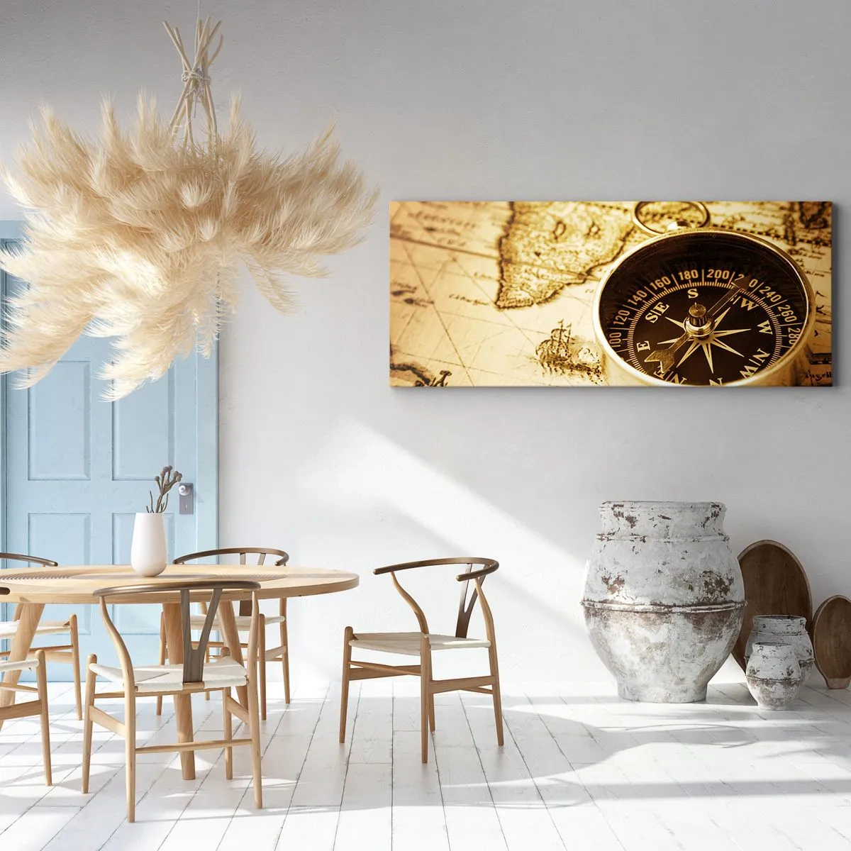 Quadro su tela - Stampe su Tela - Una bussola antica sullo sfondo di una vecchia mappa del mondo - 140x50cm - A est o a ovest? - Decorazione murale moderna per soggiorno e camera da letto ARTTOR