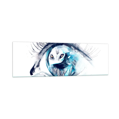 Quadro su vetro - Un occhio con l'immagine di un gufo in tonalità di blu acquerellate - 160x50cm - Faccia a faccia con la natura selvaggia - Decorazione murale moderna per soggiorno e camera da letto ARTTOR
