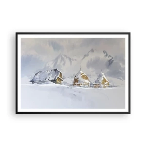 Poster in cornice nera - Paesaggio invernale con una casetta e pagliai in montagna - 100x70cm - Nella valle innevata - Decorazione murale moderna per soggiorno e camera da letto ARTTOR