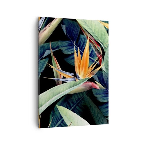 Quadro su tela - Stampe su Tela - Fiori e foglie tropicali su sfondo nero - 50x70cm - I fiori fiammeggianti dei tropici - Decorazione murale moderna per soggiorno e camera da letto ARTTOR