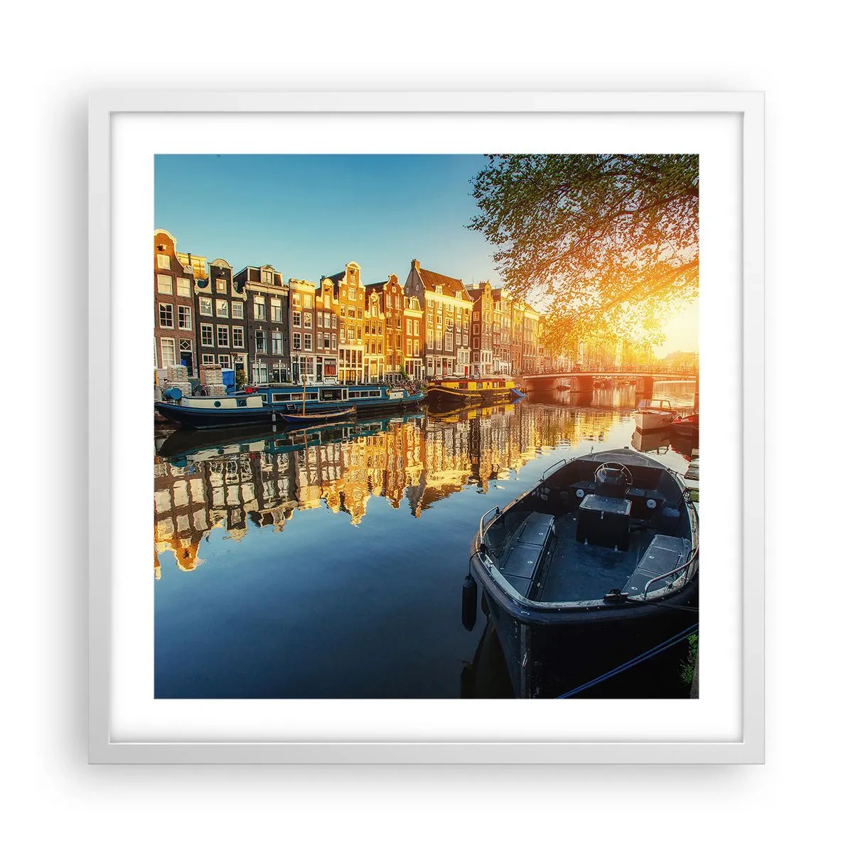 Poster in cornice bianca - L'alba ad Amsterdam - 50x50 cm