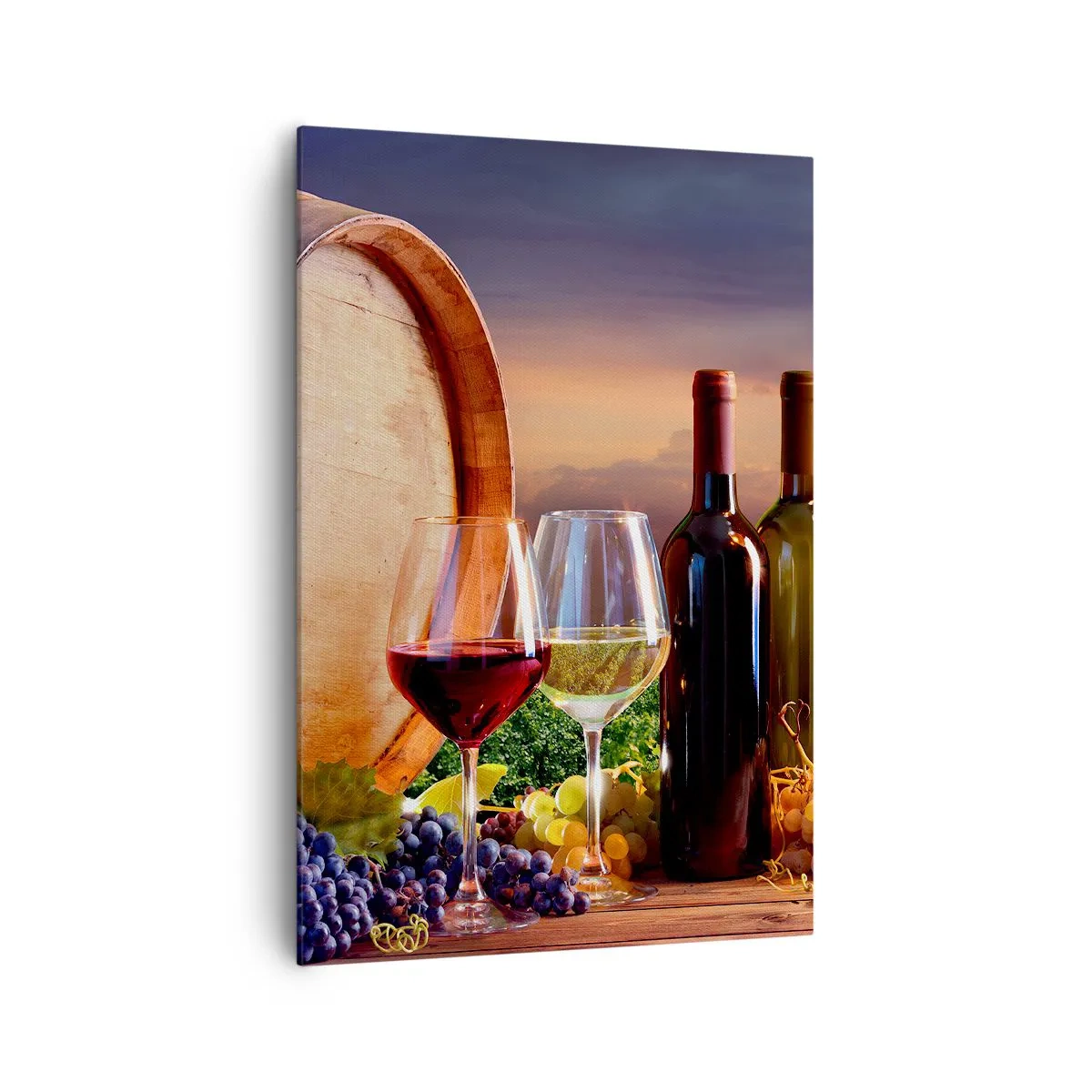 Quadro su tela - Stampe su Tela - Vino, bicchieri e una botte in un paesaggio pittoresco - 70x100cm - Qui la vita ha gusto - Decorazione murale moderna per soggiorno e camera da letto ARTTOR