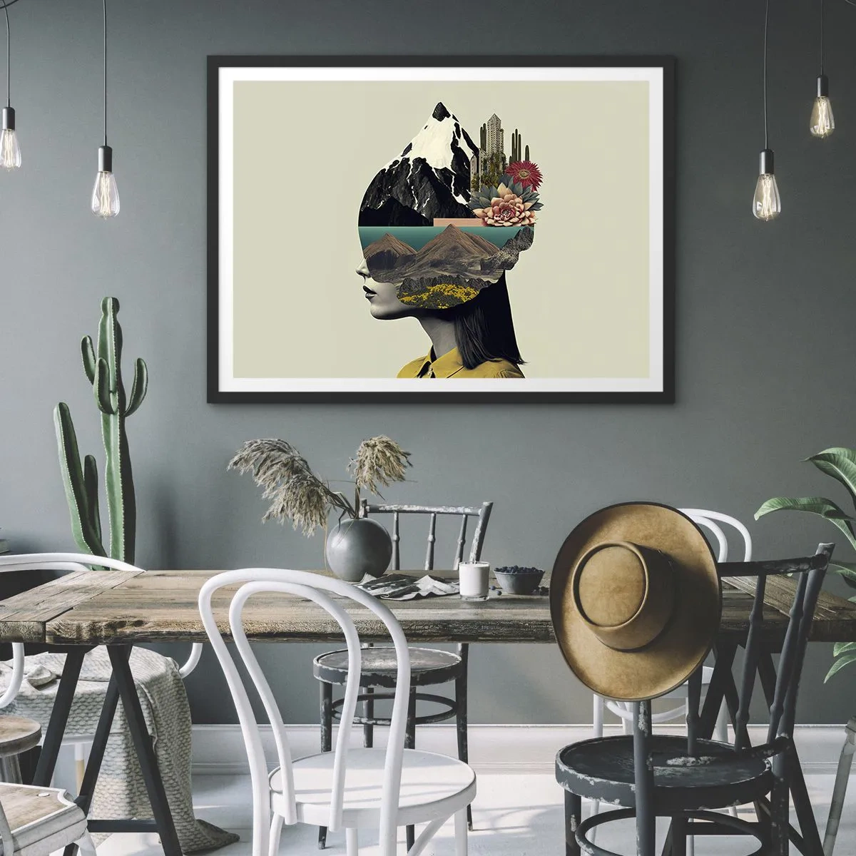 Poster in cornice nera - Collage di una donna con un paesaggio montano e fiori - 100x70cm - La donna è sempre un mistero - Decorazione murale moderna per soggiorno e camera da letto ARTTOR