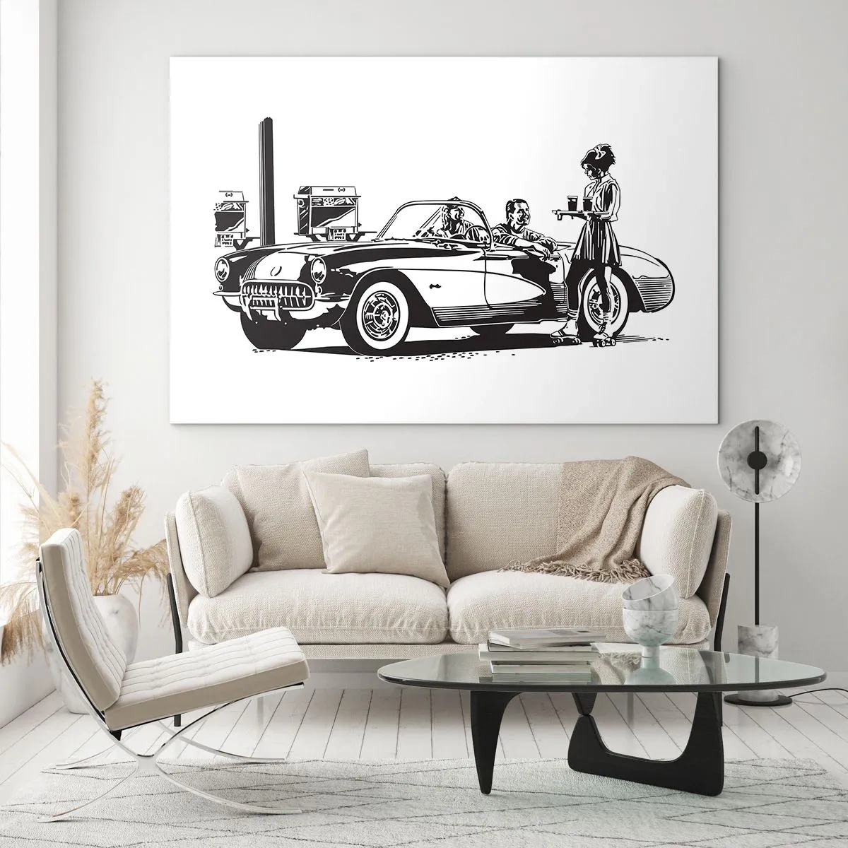 Quadro su vetro - Grafica creativa con un'auto classica e personaggi - 70x50cm - Anni '60: l'America spensierata - Decorazione murale moderna per soggiorno e camera da letto ARTTOR
