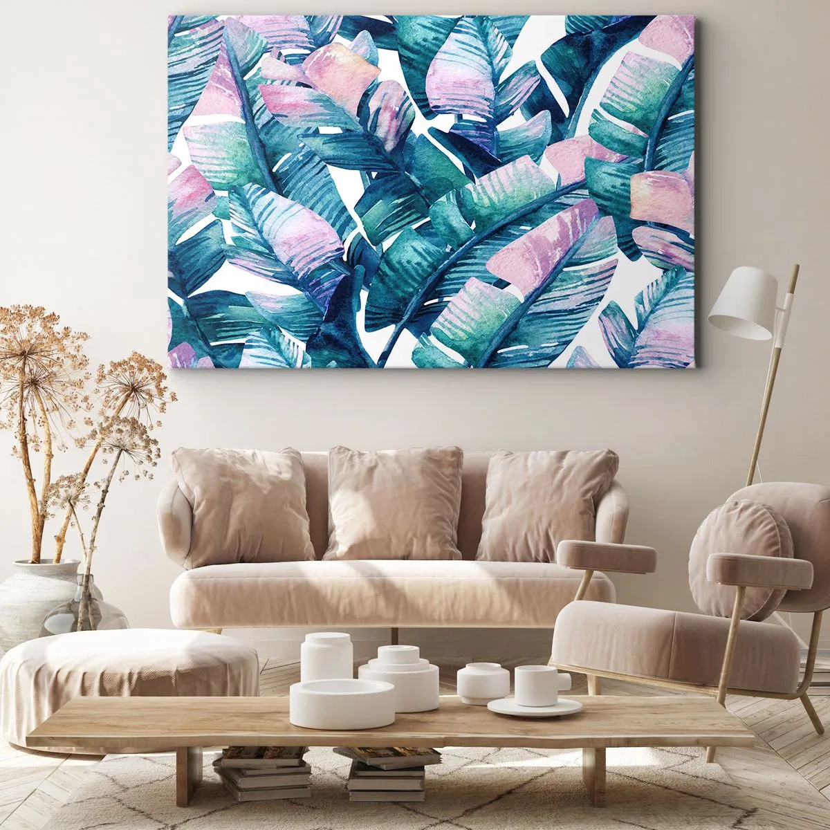 Quadro su tela - Stampe su Tela - Foglie di banano nelle tonalità del blu e del rosa - 100x70cm - Nel bananeto - Decorazione murale moderna per soggiorno e camera da letto ARTTOR