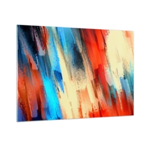 Quadro su vetro - Pennellate astratte nelle tonalità del blu, rosso e beige - 100x70cm - Cascata di colori - Decorazione murale moderna per soggiorno e camera da letto ARTTOR