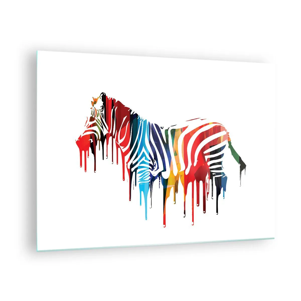 Quadro su vetro - Una zebra colorata in forma astratta con effetto vernice gocciolante. - 70x50cm - Non solo bianco e nero - Decorazione murale moderna per soggiorno e camera da letto ARTTOR