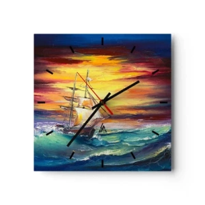 Orologio da parete - Orologio in Vetro - Una nave a vela sullo sfondo di un tramonto colorato - 30x30cm - Temerari sulle onde - Decorazione murale moderna per soggiorno e camera da letto ARTTOR