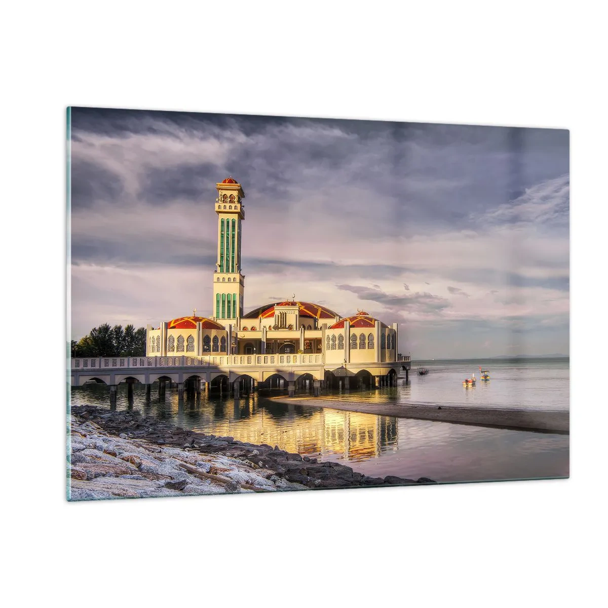 Quadro su vetro - Moschea sull'acqua in una luce pittoresca - 120x80cm - Il tempio della natura - Decorazione murale moderna per soggiorno e camera da letto ARTTOR
