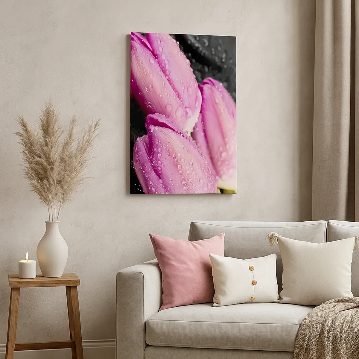 Quadro su tela - Stampe su Tela - Tre tulipani rosa con gocce d'acqua su sfondo nero - 50x70cm - Una terna lilla su pietra nera - Decorazione murale moderna per soggiorno e camera da letto ARTTOR