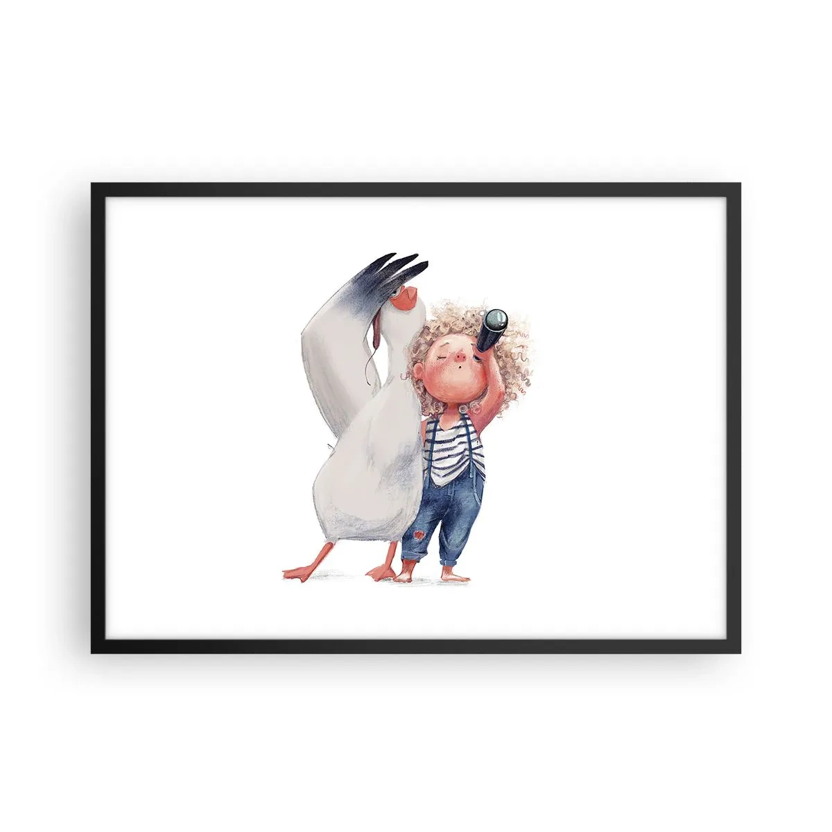 Poster in cornice nera - Illustrazione di un bambino con un pellicano e un telescopio in mano - 70x50cm - Il progetto di un grande viaggio - Decorazione murale moderna per soggiorno e camera da letto ARTTOR