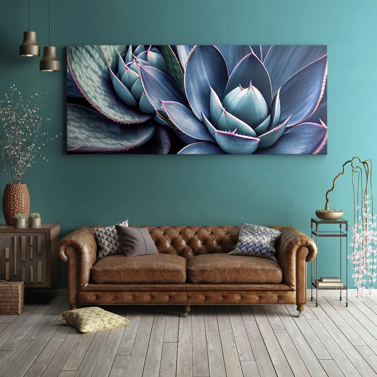 Quadro su tela - Stampe su Tela - Agave nelle tonalità del blu e del verde con accenti rosa - 120x50cm - Forza vitale - Decorazione murale moderna per soggiorno e camera da letto ARTTOR