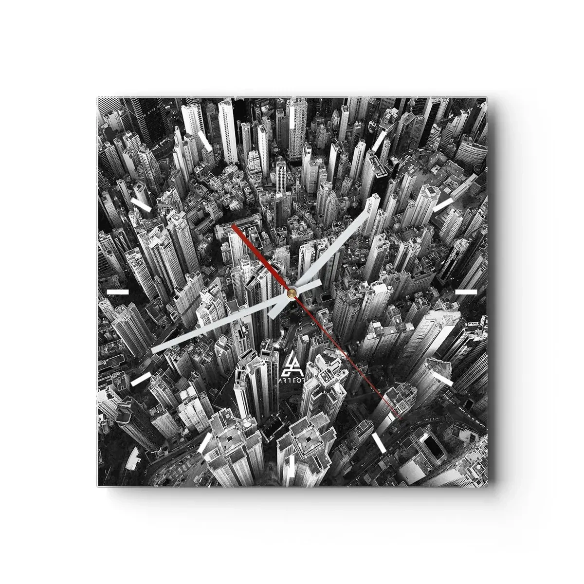 Orologio da parete - Orologio in Vetro - Vista aerea della città in bianco e nero - 30x30cm - Ancora più in alto - Decorazione murale moderna per soggiorno e camera da letto ARTTOR
