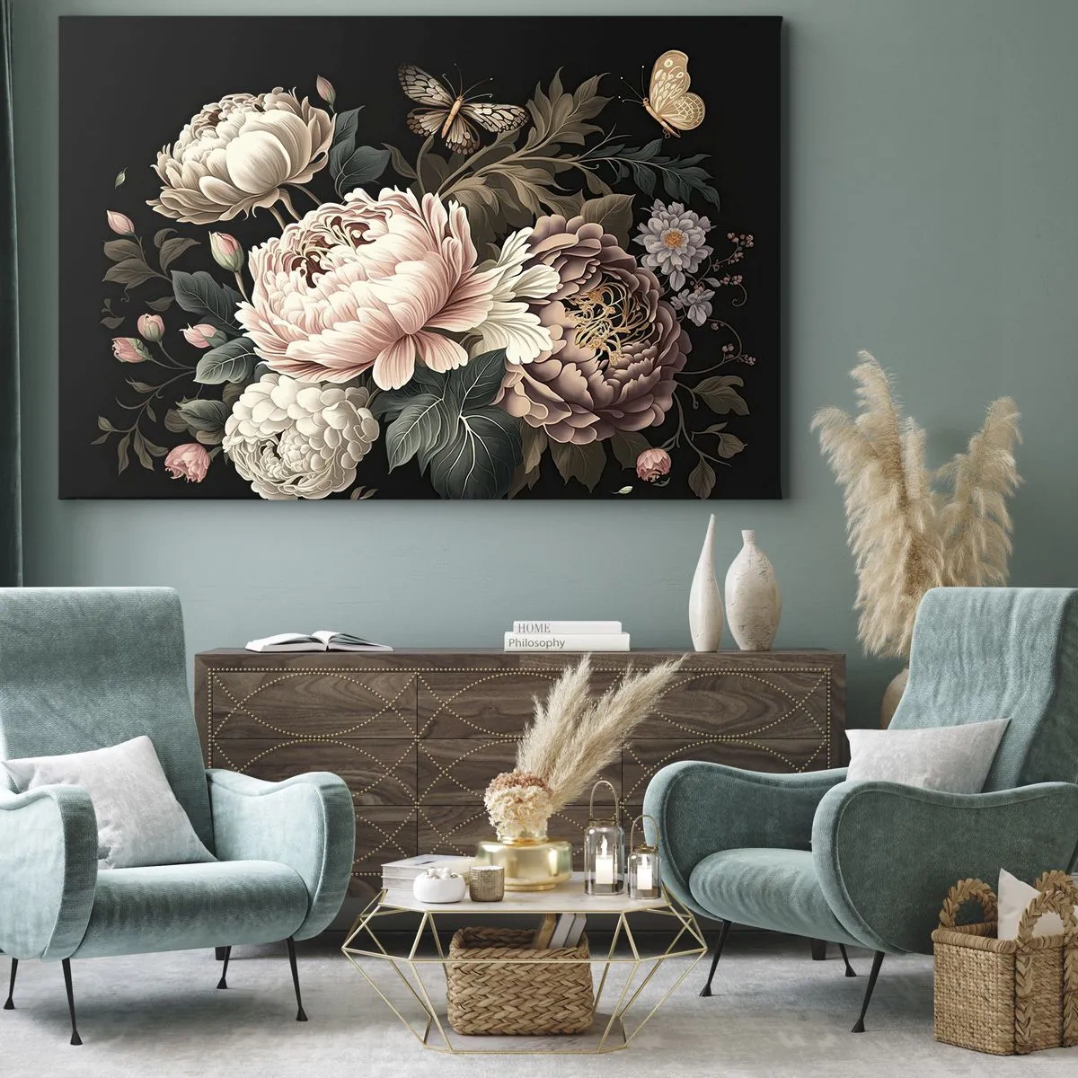 Quadro su tela - Stampe su Tela - Un bouquet di fiori rosa e farfalle su uno sfondo nero - 70x50cm - In stile barocco - Decorazione murale moderna per soggiorno e camera da letto ARTTOR
