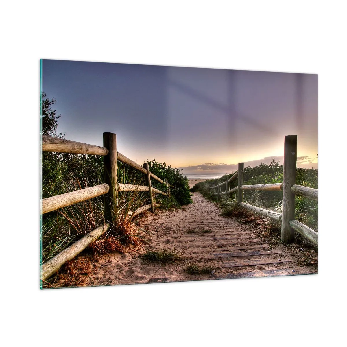 Quadro su vetro - Sentiero per la spiaggia al tramonto - 100x70cm - Già si vede la meta - Decorazione murale moderna per soggiorno e camera da letto ARTTOR