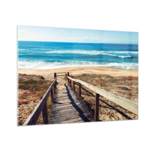 Quadro su vetro - Sentiero in legno che conduce alla spiaggia con vista sull'oceano - 100x70cm - Corri! - Decorazione murale moderna per soggiorno e camera da letto ARTTOR